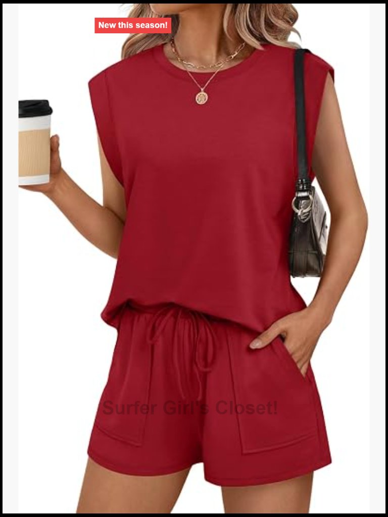 Two Piece Lounge Short Set With Cap Sleeve Top And Pockets